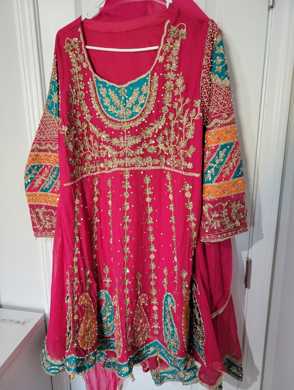 Indian Pakistani Dress Embroidered Fuchsia Party Dress with Teal & Orange Accent